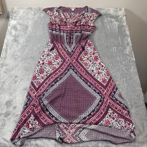 Lucky Brand Womens Dress Medium Pink Navy Boho Floral Tile High Low Midi